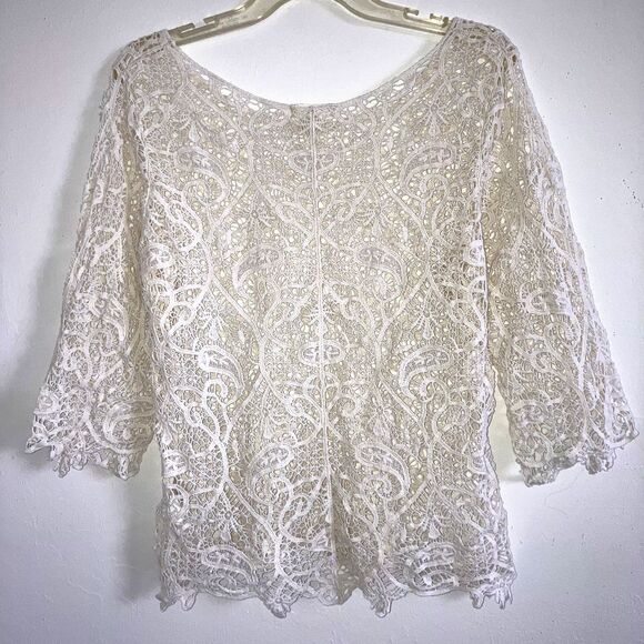 ADIVA ANTHROPOLOGIE 100% Cotton Crochet Guipure 3/4 Sleeve Lace Top - Picture 1 of 4